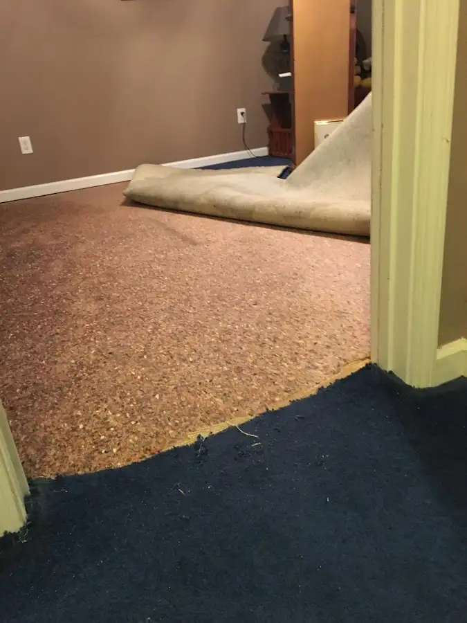 Carpet pad removal revealing water damage during Drying & Dehumidification in Gresham Park